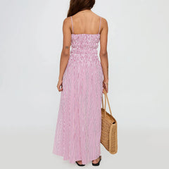 Cyflymder Smocked Long Dress y2k Women Stripes/Floral Print Spaghetti Strap Sleeveless Dress Vacation Party Dresses Streetwear