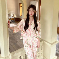 Cyflymder 3/4 Sleeve Pajamas Set Satin Homewear Women's Print Flower Sleep Set Loose Outfit Pyjamas Top&pants Lady Loungewear Nightwear