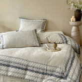 Cyflymder Vintage French Cotton Linen Bedding Set - Luxury Jacquard Duvet Cover with Corner Stitching - 4PC Set Flat Sheet / Fitted Sheet