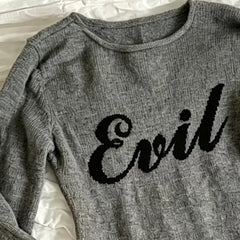 Cyflymder Grey Retro Slim Fit Knitted Long Sleeved T-Shirt For Women Evil Letter Gothic Embroidered Rolled Edge Base Shirt Punk Hot Girl