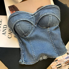 Cyflymder Retro Hong Kong Style Denim Strapless Vest Women Summer Outdoor Sweet Spicy Short Wrap Chest Top with Chest Pad Sexy Female Garm
