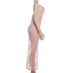 Cyflymder Lace Layered Camisole Bodycon Maxi Party Dress Women Sexy Low Chest Spaghetti Straps Backless Slim Clubwear Vacation Long Robe