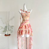 Cyflymder Summer Women French Vintage Graduation Off Shoulder Dress Mini Chiffon Tie Dye Frock Evening Shoujo Girl One-Piece Party 2000s