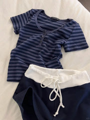 Cyflymder Striped Cotton T-shirt Shorts Outfit Women Navy O-neck Slim Tees +Buttons Straight Sweatshirt Sweet Cute Home 2 Pieces Set Y2K