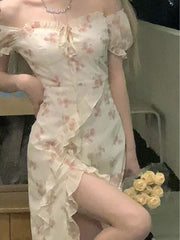 Cyflymder Floral Midi Dress Women French Elegant Lace Fairy Dress Party Beach Style Vintage One Piece Dress Korean Summer Sweet Chic
