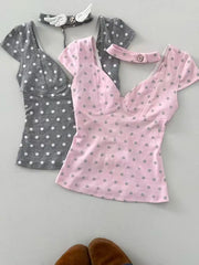 Cyflymder Harajuku T-shirt Slim Sexy Y2k 90s Goth Punk Vintage Woman Clothes Hot Girl Backless Polka Dot V-Neck Summer Crop Top Sweet Tees