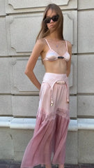 Cyflymder Elegant Women Pink Skirt Summer Lightweight Lace Splicing A-line Skirts Lady High Waist Slim Party Beach Vacation Skirts