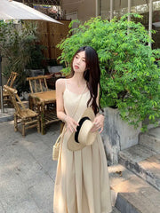 Cyflymder Audrey Hepburn Style Sling Dress Summer New French Style Socialite Elegant Tight Waist Slimming Mid-length Pleated Skirt