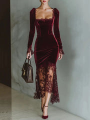 Cyflymder Women's Elegant Velvet Lace Trim Evening Dress Claret Square Collar Bell Sleeve Sexy Sheer Embroidered Hem Bodycon Party Dresses