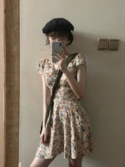 Cyflymder Sweet Hot Girl Pure Sexy V-neck Lace Floral Dress Women's Autumn Short-sleeved Slim A-line Short Dress Fashion Female Clothes