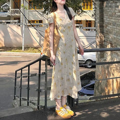 Cyflymder Broken Flowers French Style V-Neck Dresses Summer Short Sleeve Female Clothing Fashionable Lace Spliced Aura A-Line Long Dress