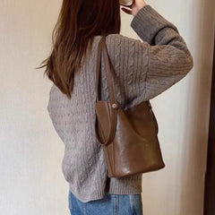 Cyflymder Retro Brown PU Leather Bucket Bags Women Autumn Winter New Large Capacity Underarm Bag Ladies Fashion Versatile Commuter Handbag