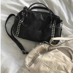 Cyflymder Vintage Hot Girl Studded Tote Bag Women Plaid PU Leather Large Capacity Shoulder Bags Ladies Y2K Fashion Versatile Crossbody Bag