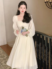 Cyflymder Spring French Elegant Solid Midi Dress Woman Long Sleeve Fairy Party Dresses Casual One Piece Dress Korean Female Fashion