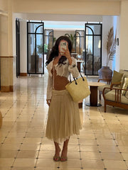 Cyflymder Sheer Mesh Lace Trim Midi Skirt Slim Fit Flared Silhouette Summer Elegant Women Casual Skirt Retro Chic Lady Daily Bottom