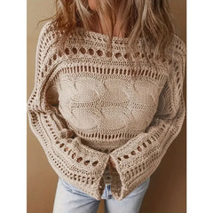 Cyflymder Vintage Loose Slash Hollow Women Sweater Long Sleeve Knitted Pullover Autumn Elegant Harajuku Jumper Knitwear Top Solid Casual