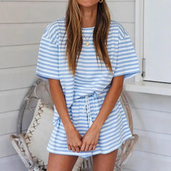 Cyflymder Women Elegant Stripe Print Loose Vacation Outfit Fashion Street Drawstring Suit Casual O Neck Short Sleeve Pullover & Short Set
