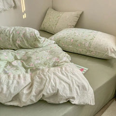 Cyflymder INS French Style Fresh Floral Lace Trim Four-Piece Set Washed Cloud Cotton Quilt Cover Bed Sheet Dormitory Bed Sheet Sets