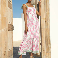 Cyflymder Women's Tie Shoulder Strap Dress Fashion Print Sleeveless Backless Long Flowy Dress for Summer Holiday Beach Sundress