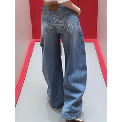Cyflymder Blue Vintage Letter Rhinestone Women Jeans Washed High Waist Wide Leg American Style Baggy Denim Pants Y2k Streetwear