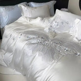 Cyflymder Luxury Butterfly Embroidery Bedding Set 1000TC Lyocell Cotton Soft Silky Duvet Cover Set Flat/Fitted Bed Sheet Pillowcases 4Pcs