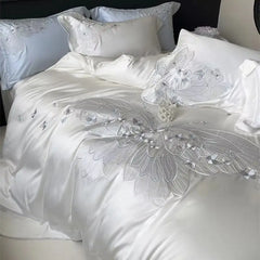 Cyflymder Luxury Butterfly Embroidery Bedding Set 1000TC Lyocell Cotton Soft Silky Duvet Cover Set Flat/Fitted Bed Sheet Pillowcases 4Pcs