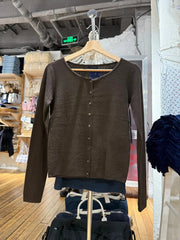 Cyflymder Brown Eyelet Knitted Cardigan Women Autumn New Casual Cotton Long Sleeve Sweater Coat Female Vintage Simple Basic Sweaters Tops