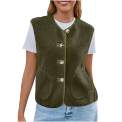 Cyflymder Women Fuzzy Lambswool Vest Winter Buttons Up Sleeveless V-Neck Waistcoats Fleece Warm Solid Color Loose Casual Outwear Jackets