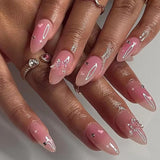 Cyflymder Simple stiletto french fake nails for valentine's day almond sweet false nails with glue full cover artificial nails press on