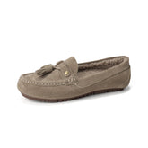 Cyflymder Women Winter Warm Tassel Loafers Fleece Lined Moccasins Slip‑On Flat Driving Shoes Suede Round Toe Soft Casual Bean Shoes Plush