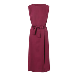 Cyflymder Women Elegant Sleeveless Long Dress Drawstring High Waist Crew Neck Casual Dress Office Lady Business Solid Color Party Dress