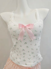 Cyflymder Sweet Floral Crop Tops Women Summer Pink Bow Decoration Cotton Tops for Sweet Girls Lolita Style Cute Camis