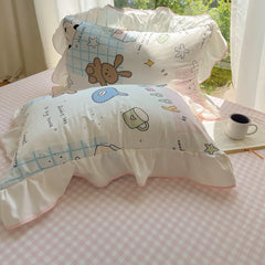 Cyflymder Korean Cartoon Printed Bedding Set Super Soft Fitted Sheet Pillowcase Quilt Cover with Lace Adult Student Dorm Textile Supplies