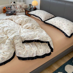 Cyflymder INS French Style Floral Simple Black Lace Double Layer Gauze Bedding Set Washed Cotton Bed Sheet Fitted Sheet Fresh Quilt Cover