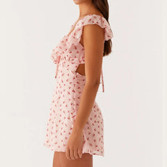 Cyflymder Women Backless Mini Dress Sexy Sleeveless Ruffle Shoulder Short Dress Floral Print Low Cut Tie Back A-line Dress