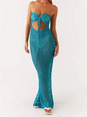 Cyflymder Women s Crochet Dress with Lace-Up Front and Backless Design Solid Color Strapless Tube Dress for Summer Beachwear and Bikini