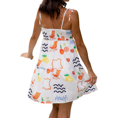 Cyflymder Backless Tie-up Spaghetti Straps Ruffled Mini Dress Women's Sun Fruit Print Sleeveless Ruched Hollowed A-line Dress for Beach