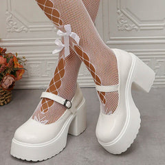 Cyflymder White Platform High Heels Pumps Women Patent Leather Chunky Heeled Mary Jane Shoes Woman Round Toe Buckle Strap Student Shoes