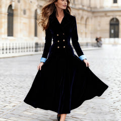Cyflymder Elegant Double Breasted Velvet Dress for Women's Long Sleeve Notched Collar Solid Casual Patchwork Autumn with Pockets Dresses