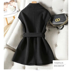 Cyflymder Autumn and Winter New Woolen Vest Women's Mid to Long Style Green Fruit Collar Large Pocket Belt Stylish and Slimming Vest