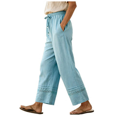 Cyflymder Women's Lace Trimmed Casual Wide Leg Pants Lightweight Summer Loose Fit High Waisted Pants Vacation Straight Leg Trousers