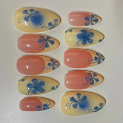 Cyflymder 10Pcs Handmade Manicure Medium Almond Fake Nails French Flower Summer Hot Limited Press On Nails with Adhesive Nail File Set