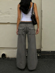 Cyflymder American Streetwear Low Waist Pockets Vintage Patchwork Casual Long Jeans