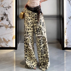 Cyflymder Women Double Waistband Flared Jeans Leopard Print Patchwork Design Ripped Denim Pants Retro Fashion Summer Casual Trousers