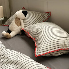 Cyflymder Simple Striped Shell Edge Bedding Sets Washed Cotton Fabric Cozy Fitted Sheet for Home Non Fading Bedclothes Set for Single Bed