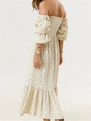 Cyflymder Woman Vintage Floral Dress Puff Long Sleeve Off Shoulder Ruffle Long Dress Spring Fall Casual Vintage Bohemian Dresses