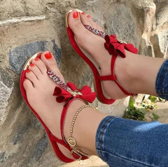 Cyflymder Beige Heeled Sandals Female Shoe 2025 Women's Large Size Black Girls Low Comfort Bow New Flat Big Rome Buckle Strap Fabric Casua