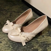 Cyflymder Spring Vintage Chunky-Heel Women Pumps Bow Decoration Round Toe Mary Jane Shoes Elegant Party Designer Shoes Lolita Shoes