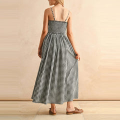 Cyflymder Summer High Waist Slim Pleat Maxi Dress Lady New Sleeveless Hollow Out Vacation Dress Elegant Checkered Print Swing Halter Dress