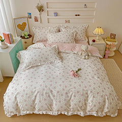 Cyflymder 3/4Pcs Pastoral Floral Lace Ruffles 100% Cotton Bedding Set Single Queen Duvet Cover Bed Skirt/Bed Sheet/Fitted Sheet Pillowcase